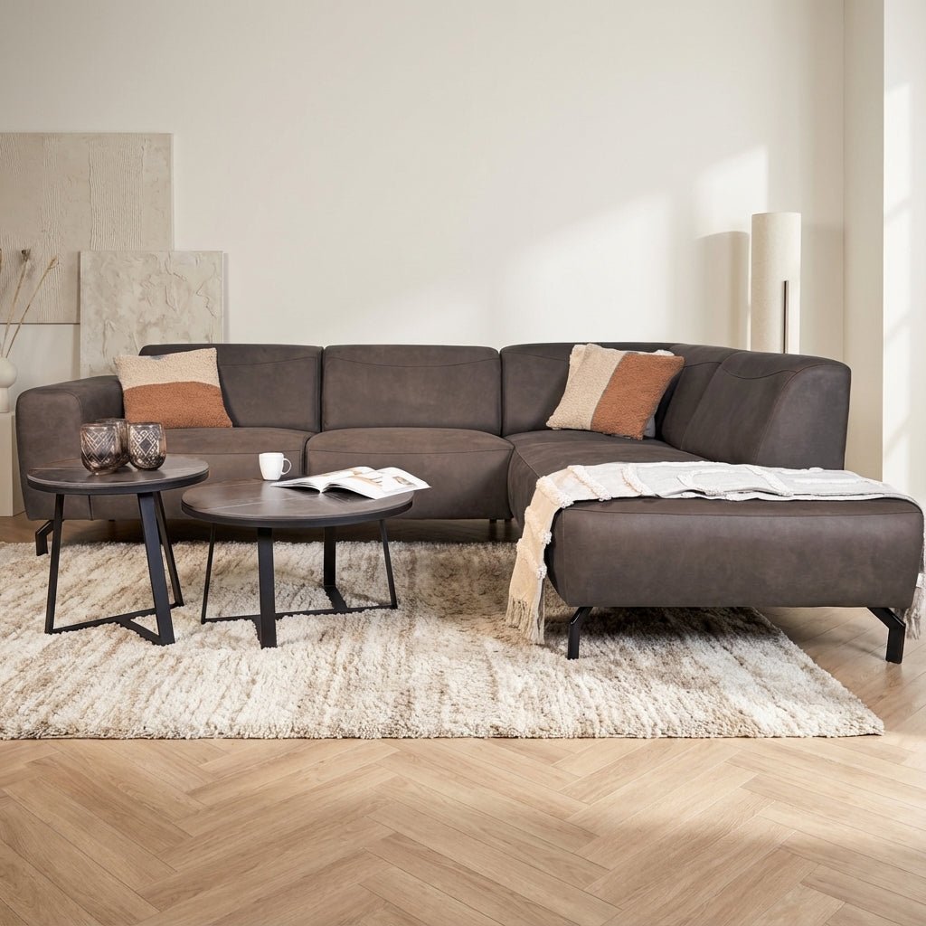 Corner sofa anthracite robust eco-leather Barin - right atmospheric photo in modern interior