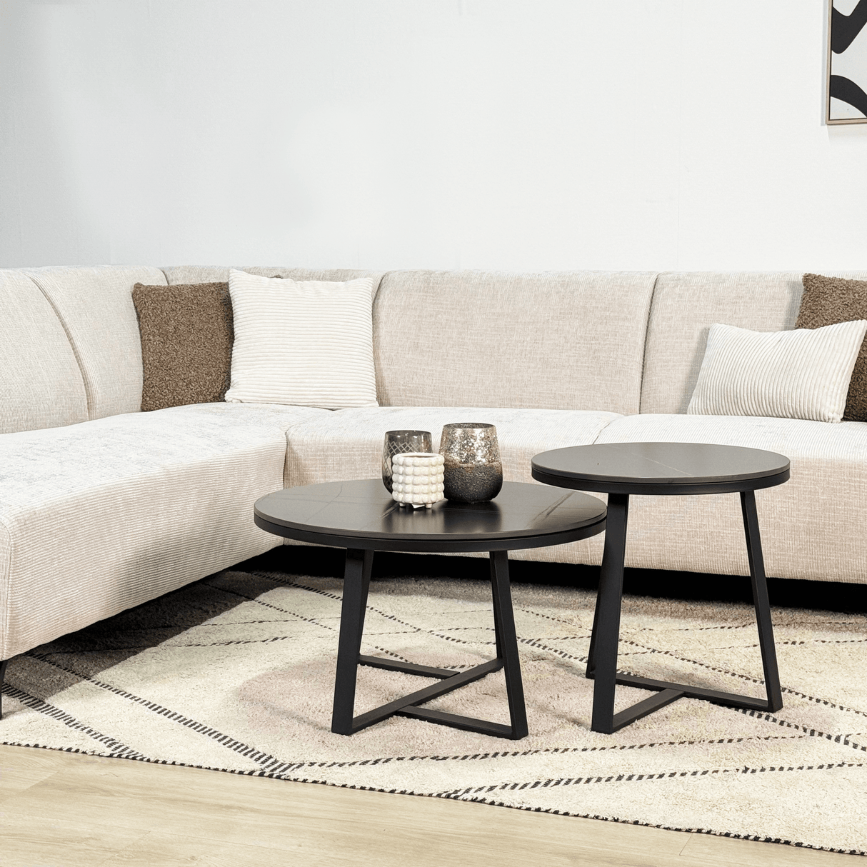 Banken - Hoekbank met chaise longue beige chenille stof Manon - links - Dimehouse