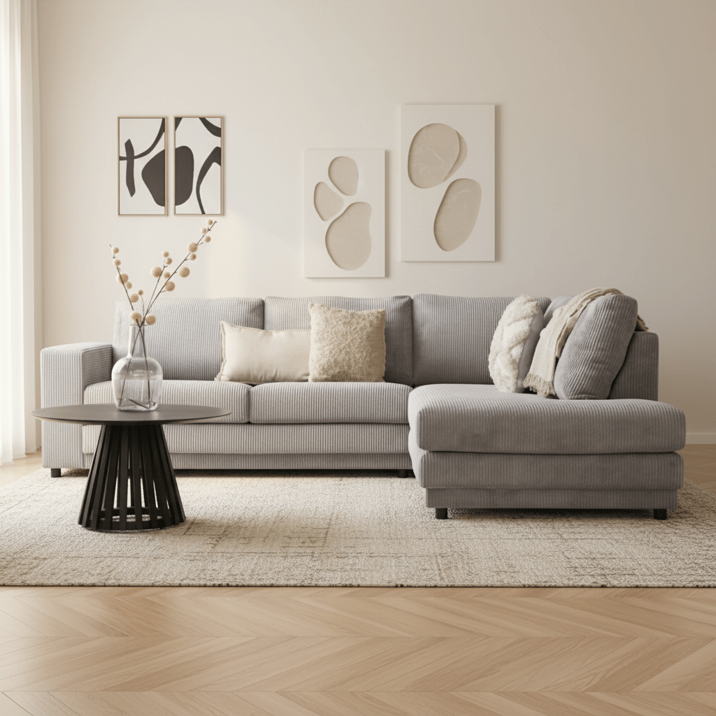 Hoekbank lichtgrijs ribstof plofbank Gabi - rechts