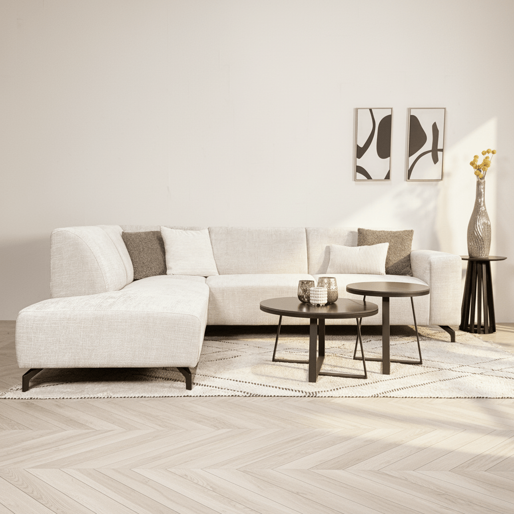 Banken - Hoekbank met chaise longue beige chenille stof Manon - links - Dimehouse