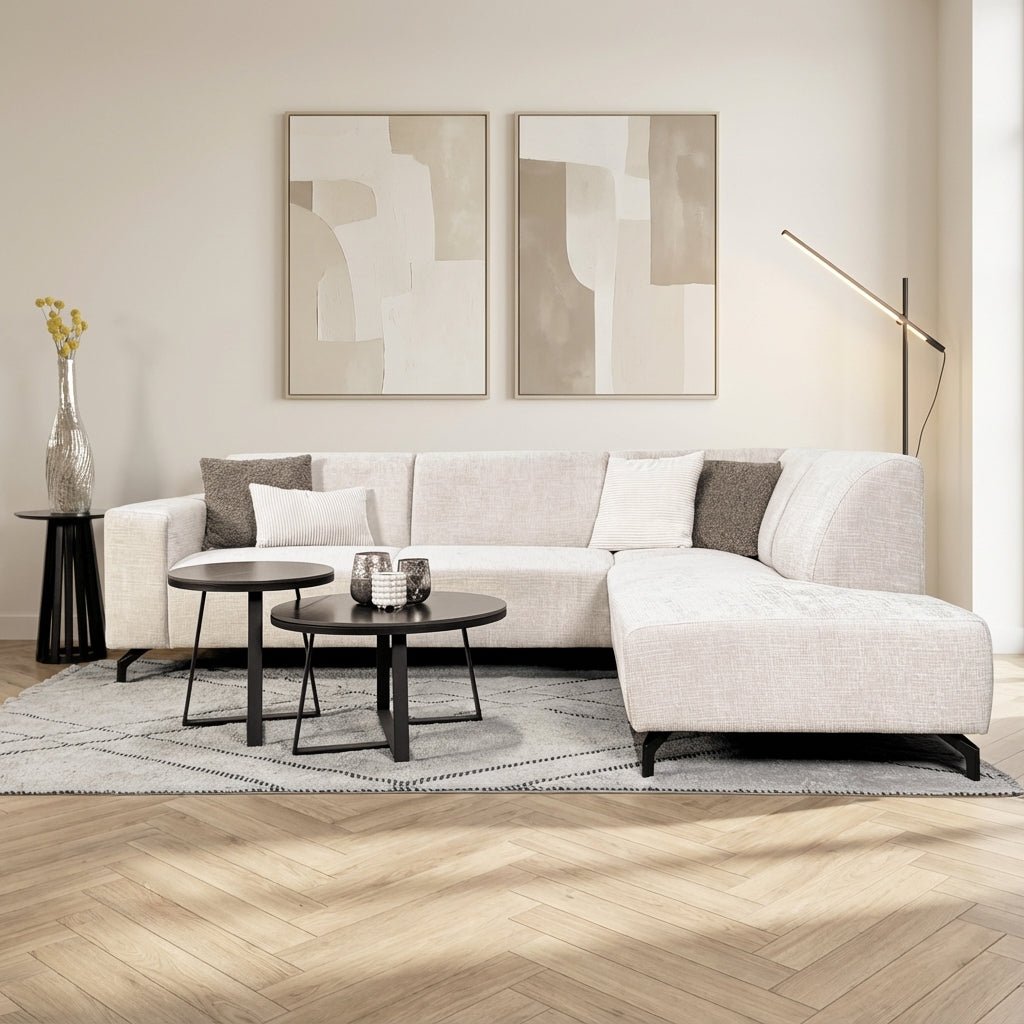 Corner sofa with chaise longue beige chenille fabric Manon - right atmospheric photo in a modern interior