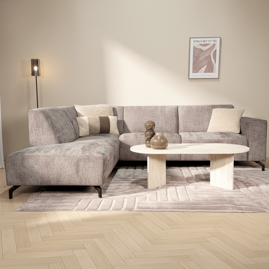 Banken - Hoekbank met chaise longue taupe chenille stof Manon - links - Dimehouse
