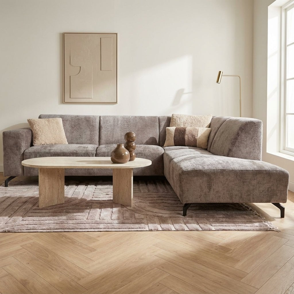 Corner sofa with chaise longue taupe chenille fabric Manon - right atmospheric photo in a modern interior