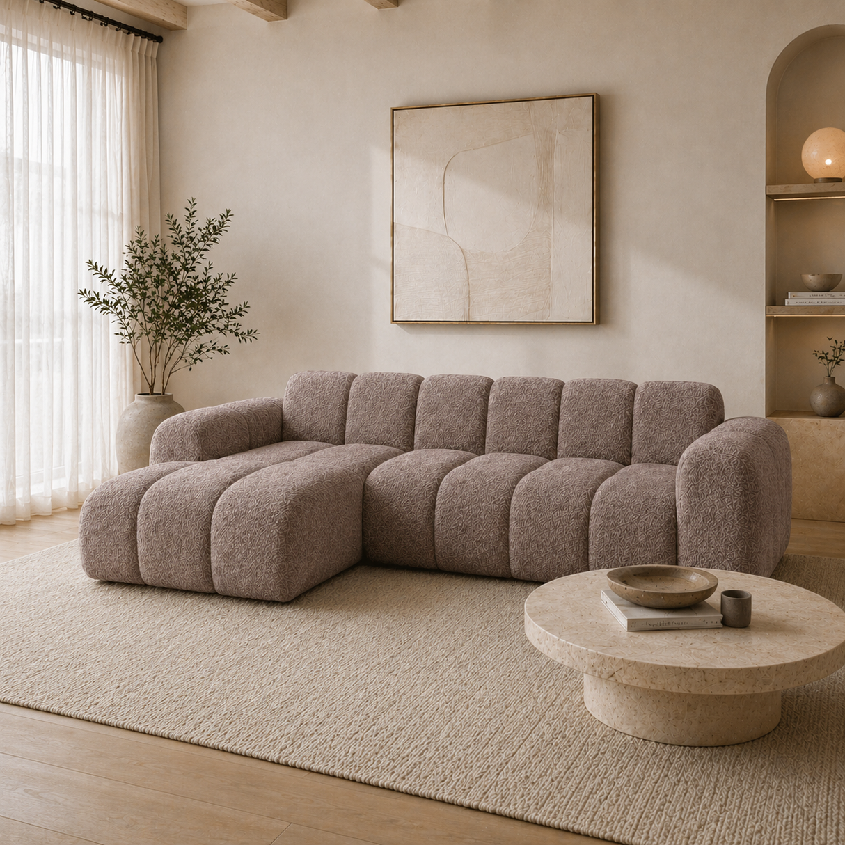 Corner sofa with lounge soft brown bouclé fabric - stripes - left - Brix