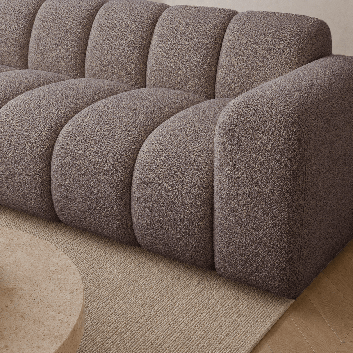 Banken-Hoekbank met lounge zacht bruin bouclé stof - strepen - links - Brix-Dimehouse
