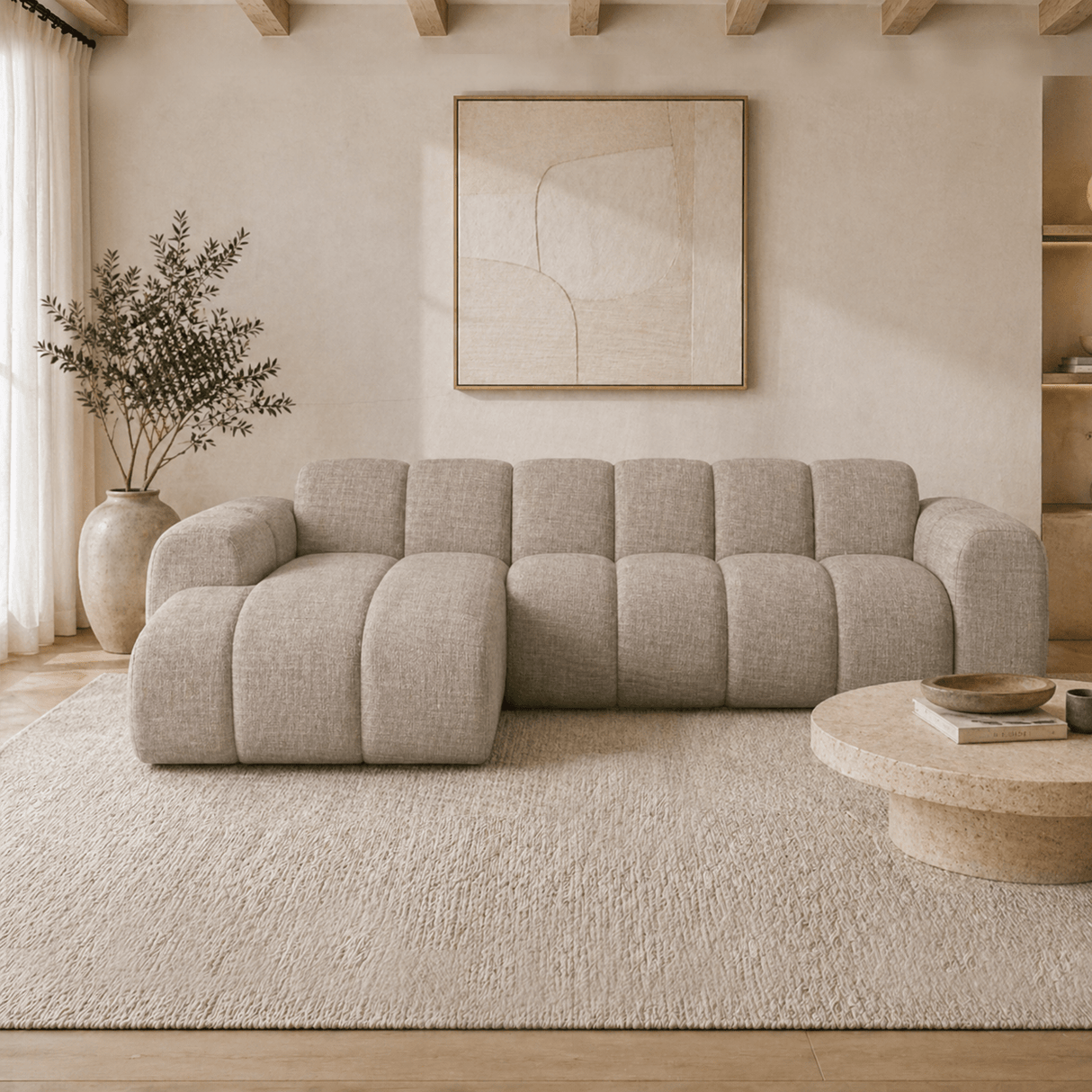 Banken-Hoekbank met lounge zand velvet structuurstof - strepen - links - Brix-Dimehouse