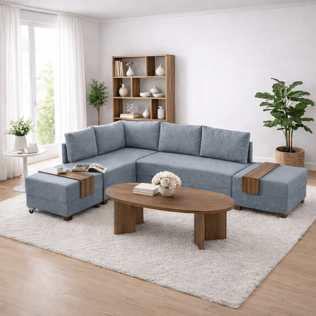 Corner sofa with sleeping function on the left fly blue