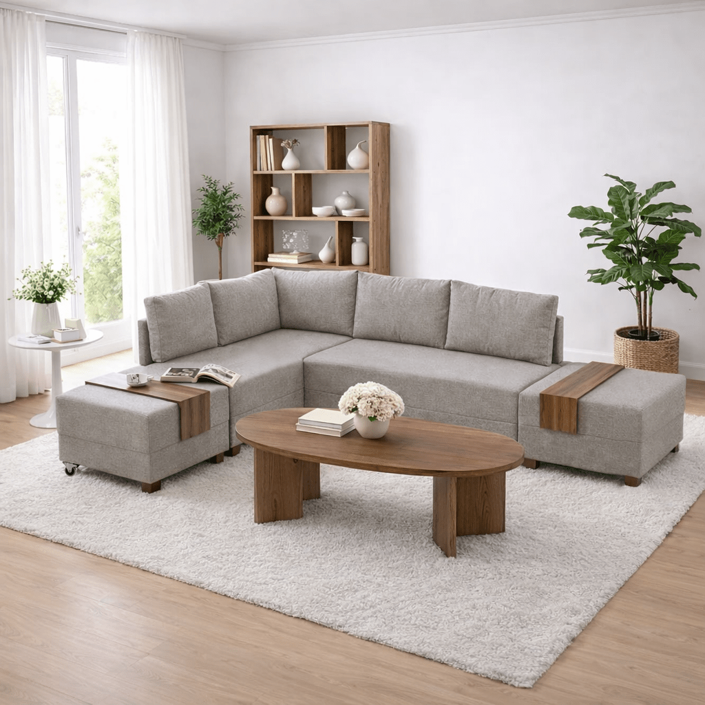 Corner sofa with sleeping function on the left fly cream