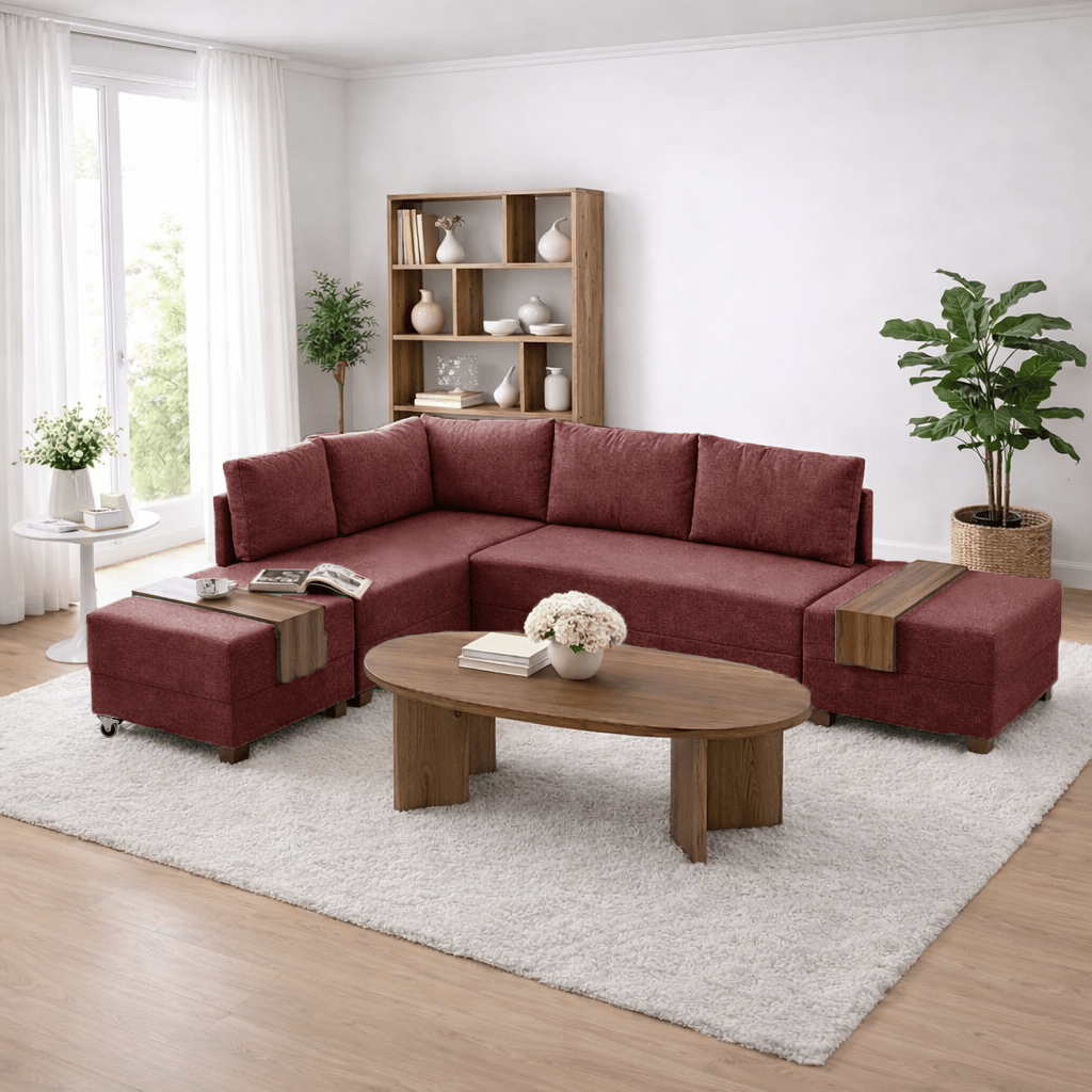 Corner sofa with sleeping function on the left fly claret red