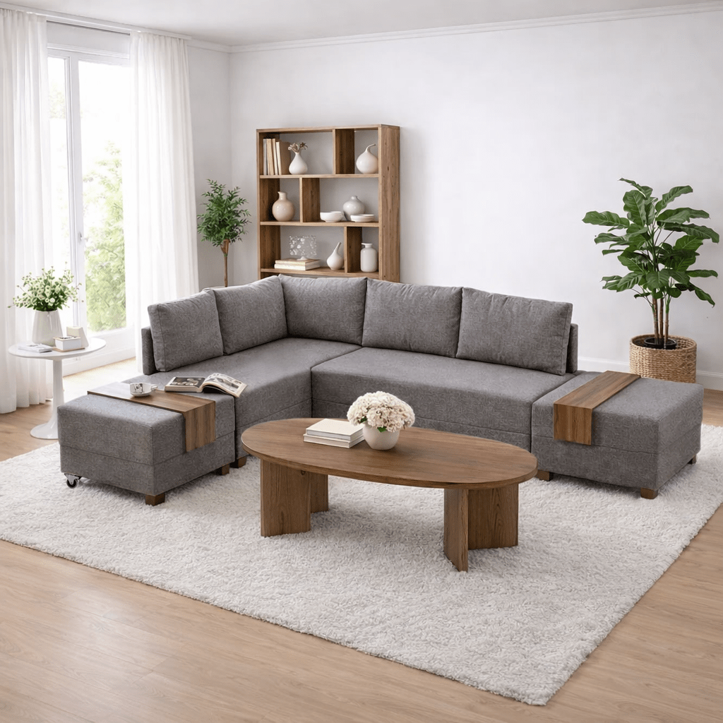 Corner sofa with sleeping function on the left fly brown