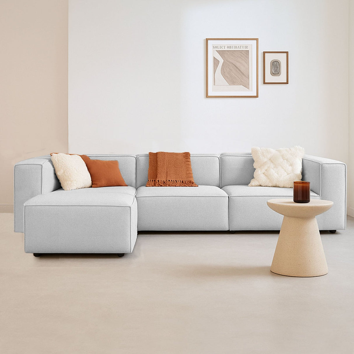 Modular corner sofa with loose ottoman, gray linen fabric Fora