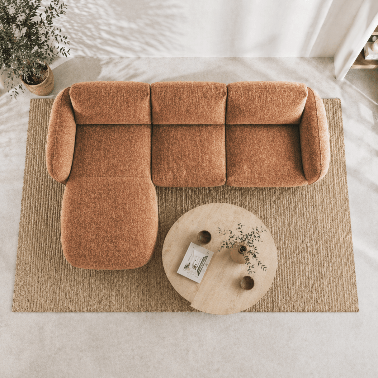 Banken - Hoekbank ronde longue koper velvet structuurstof Dwayne - links - Dimehouse