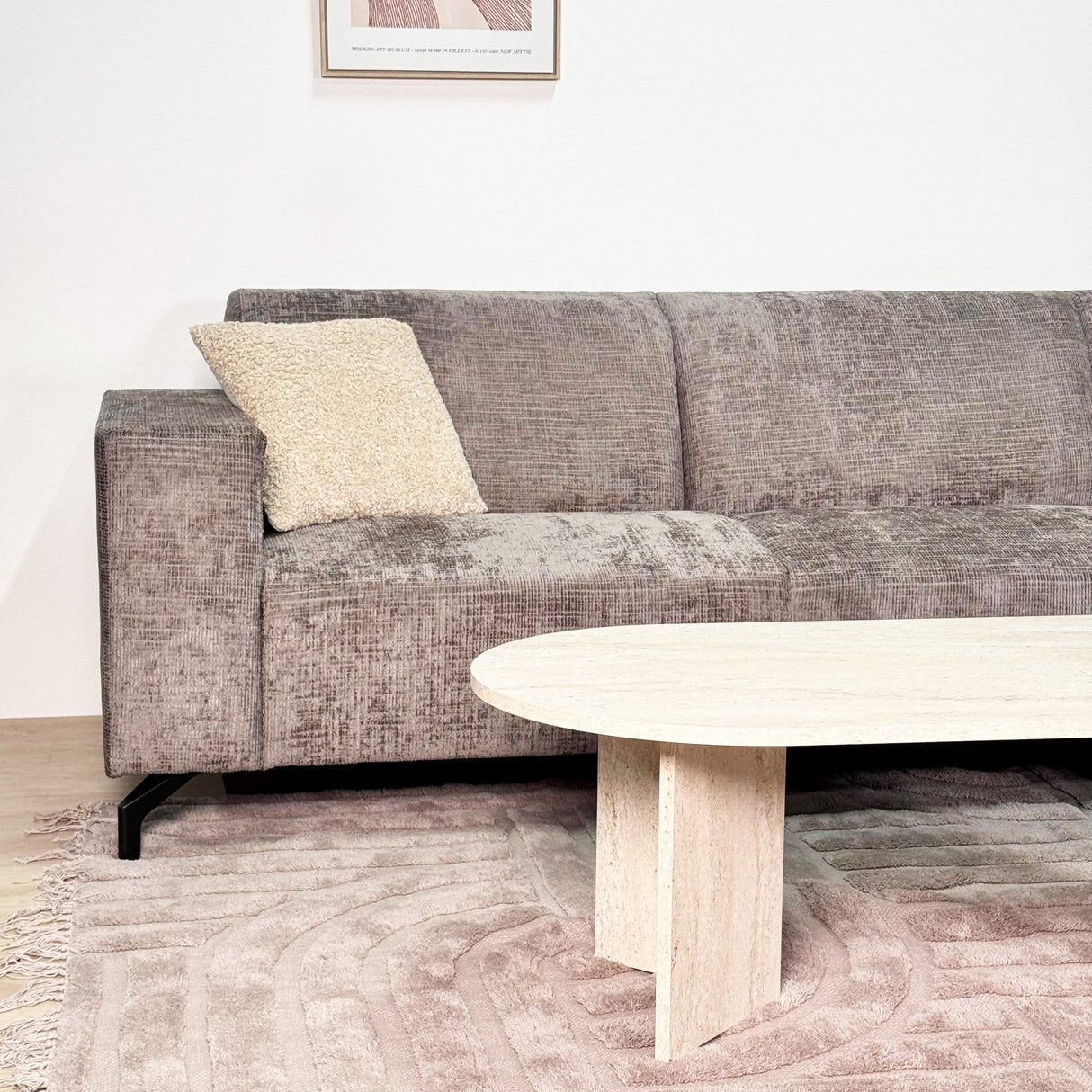 Banken - Hoekbank met chaise longue taupe chenille stof Manon - rechts - Dimehouse