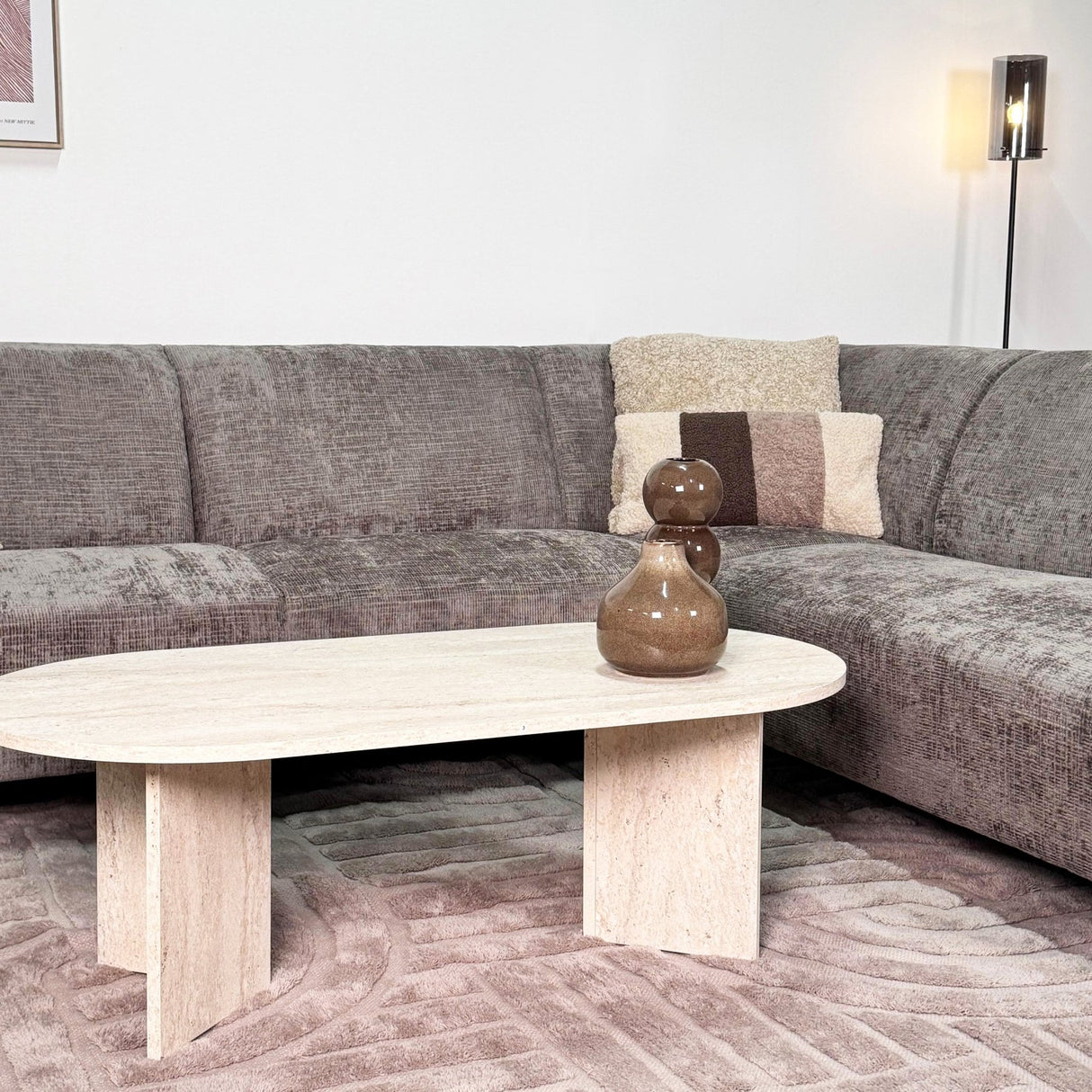 Banken - Hoekbank met chaise longue taupe chenille stof Manon - rechts - Dimehouse