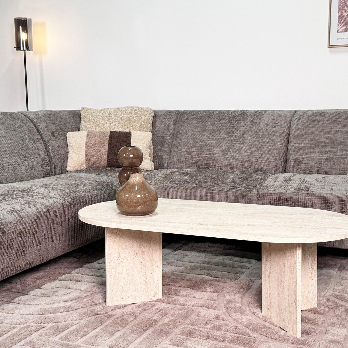 Banken - Hoekbank met chaise longue taupe chenille stof Manon - links - Dimehouse