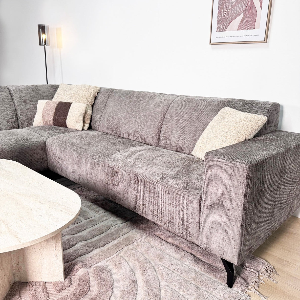 Banken - Hoekbank met chaise longue taupe chenille stof Manon - links - Dimehouse