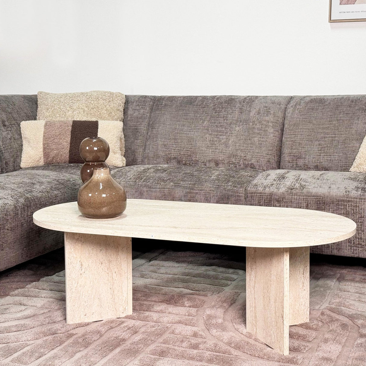 Banken - Hoekbank met chaise longue taupe chenille stof Manon - links - Dimehouse