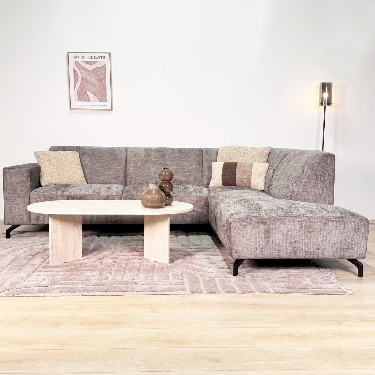 Banken - Hoekbank met chaise longue taupe chenille stof Manon - rechts - Dimehouse
