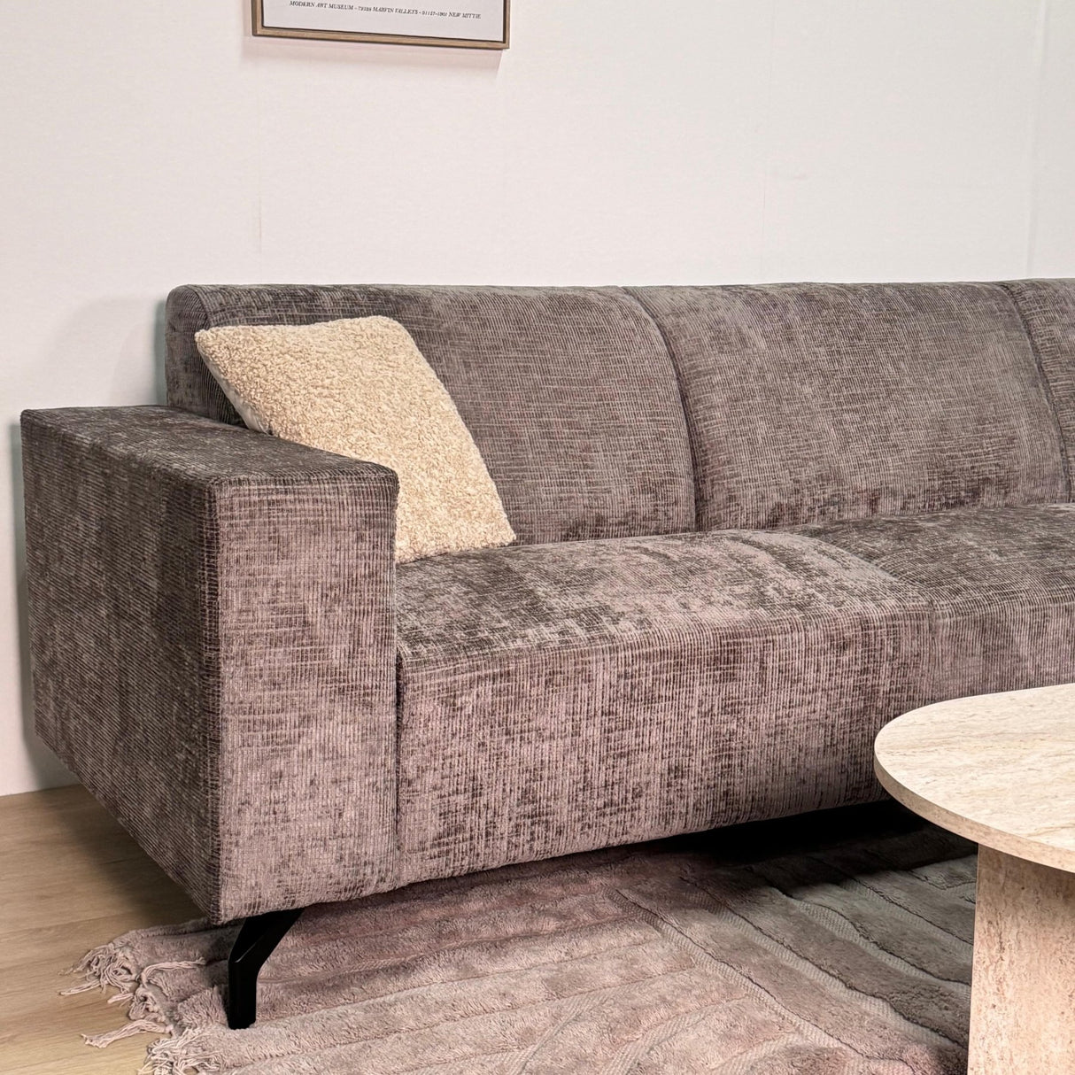 Banken - Hoekbank met chaise longue taupe chenille stof Manon - rechts - Dimehouse
