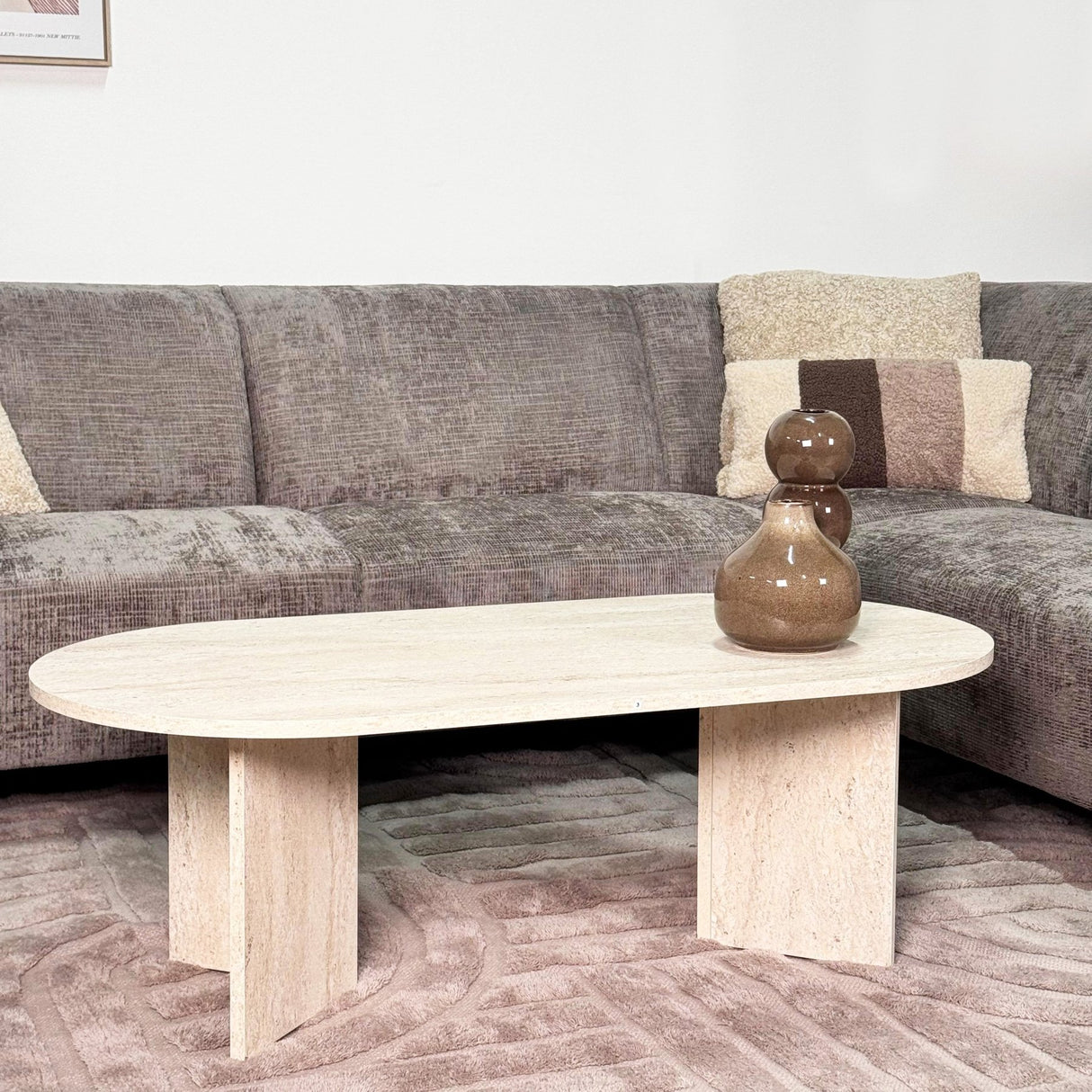 Banken - Hoekbank met chaise longue taupe chenille stof Manon - rechts - Dimehouse