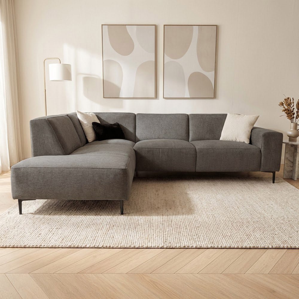 Banken - Hoekbank taupe chenille gemêleerd Ravi – links - Dimehouse