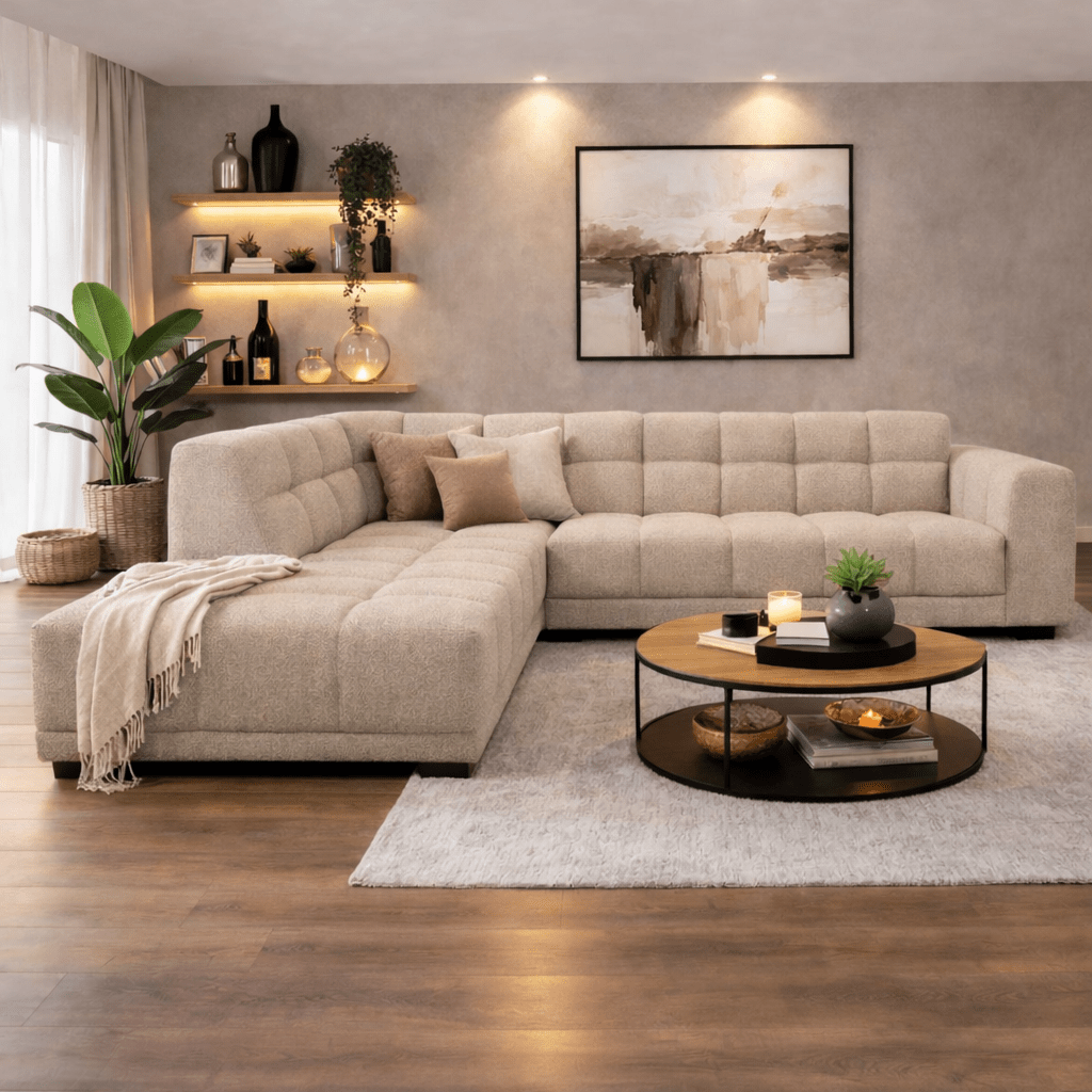 Banken - Hoekbank met lounge beige bouclé stof Nova - links - Dimehouse