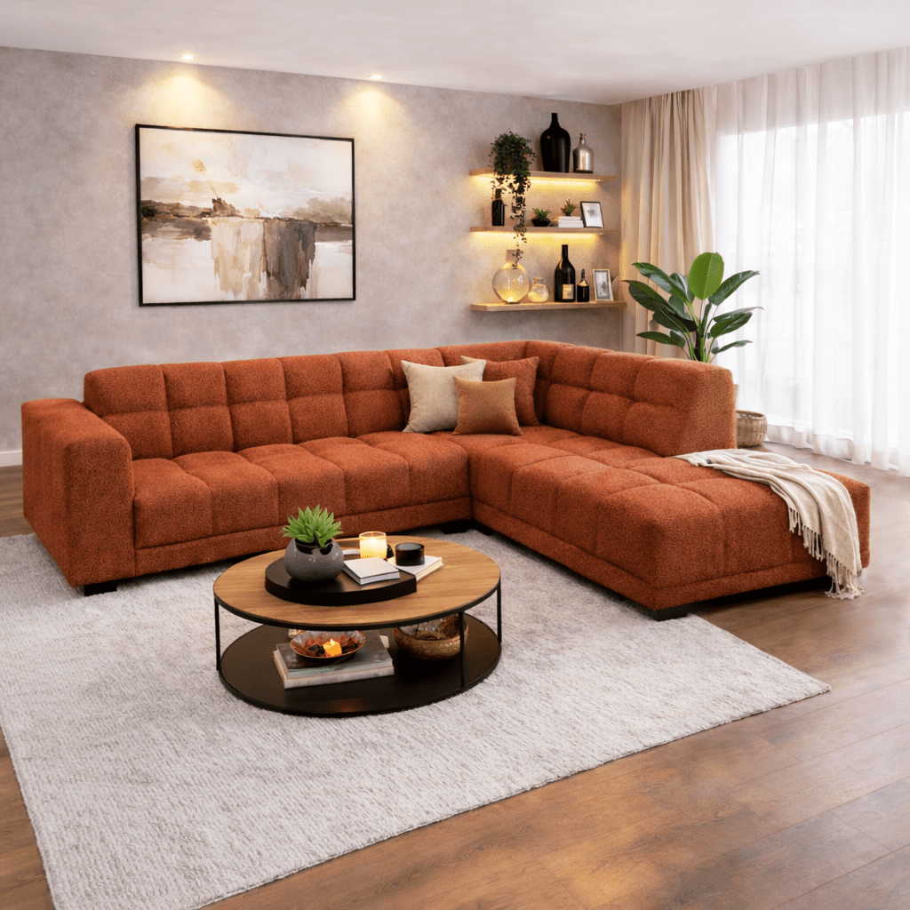 Banken - Hoekbank met lounge koper bouclé stof Nova - rechts - Dimehouse