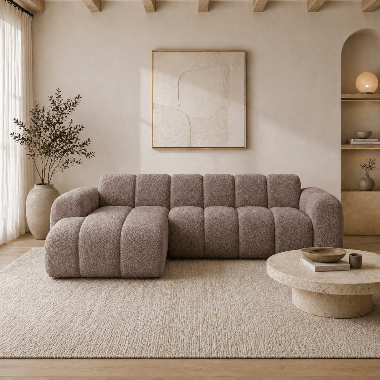 Corner sofa with lounge soft brown bouclé fabric - stripes - left - Brix