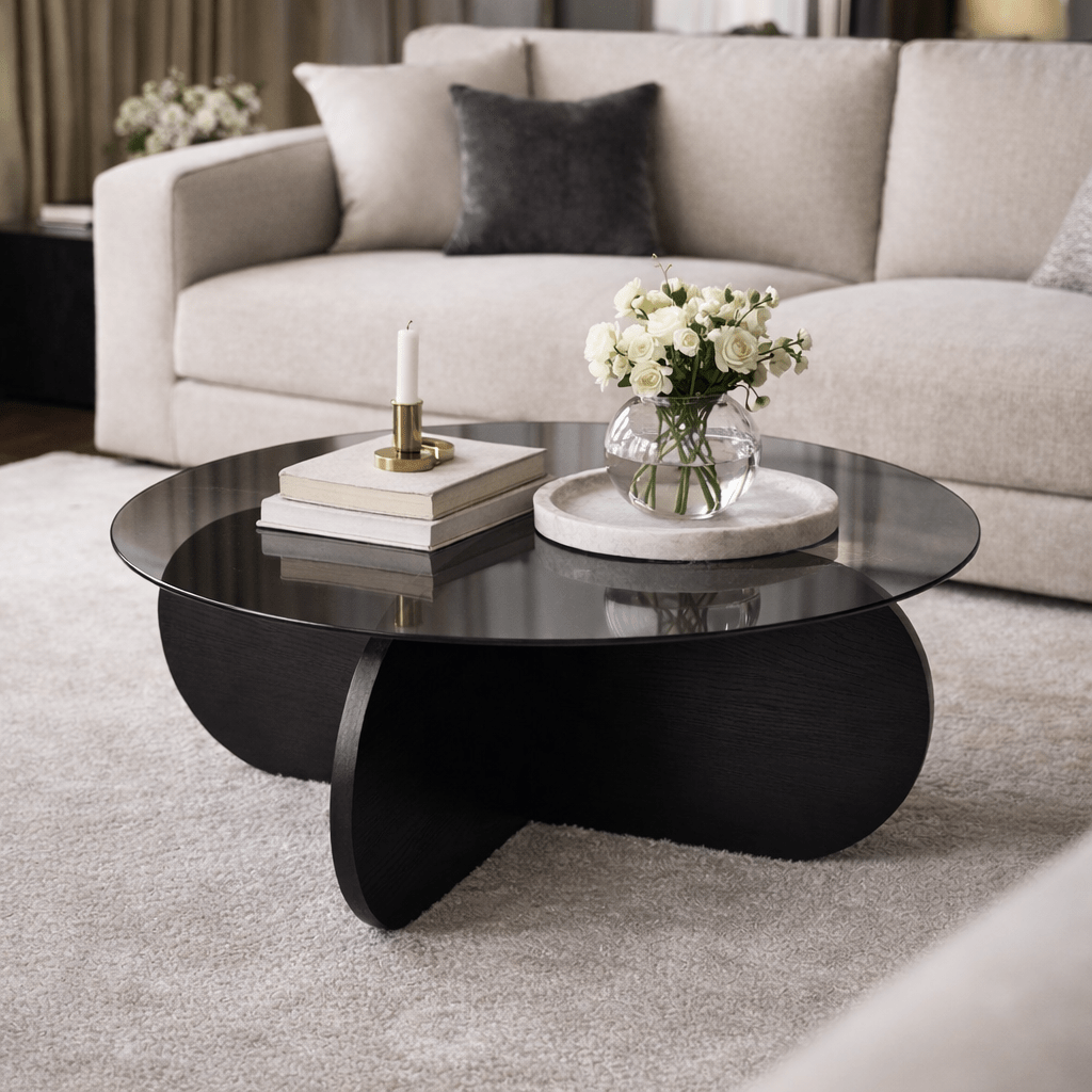Round coffee table Aris black melamine and smoked glass 75 cm