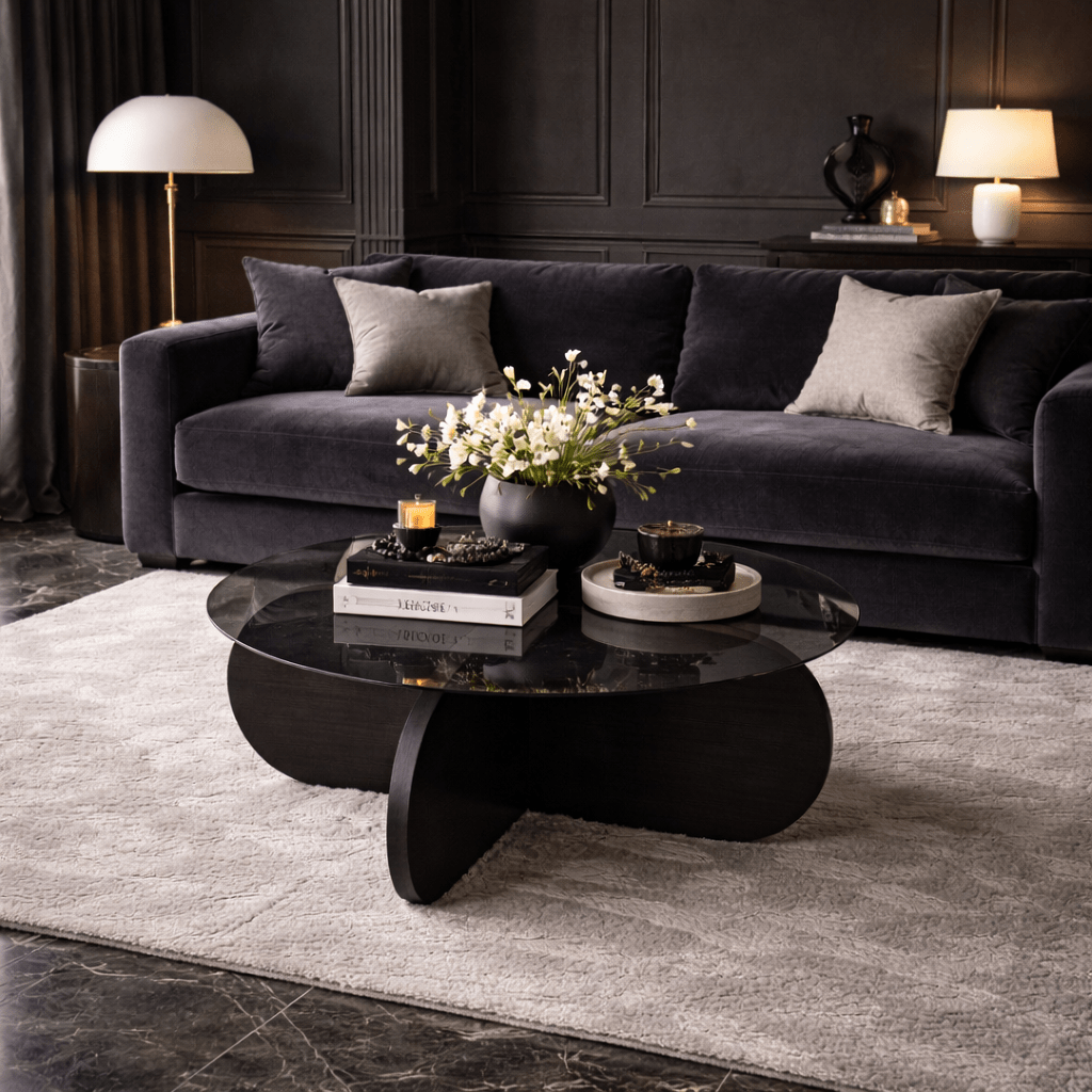 Round coffee table Aris black melamine and smoked glass 75 cm