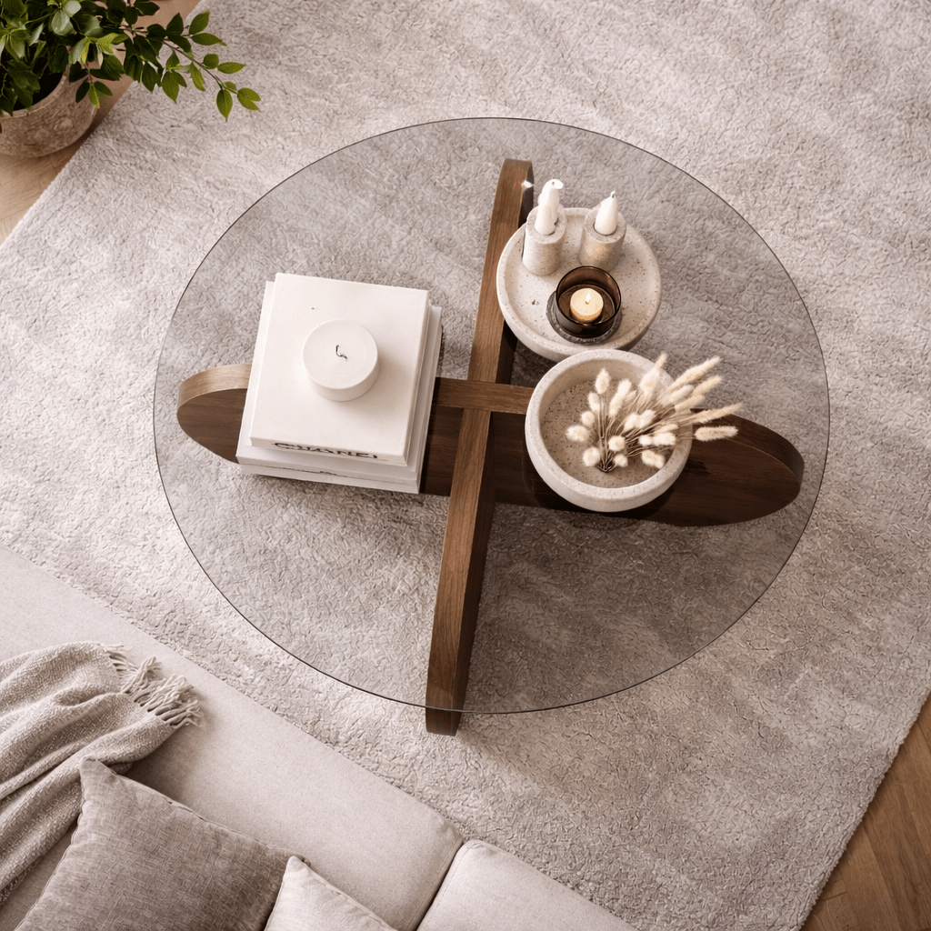 Round coffee table Aris walnut melamine and transparent glass 75 cm