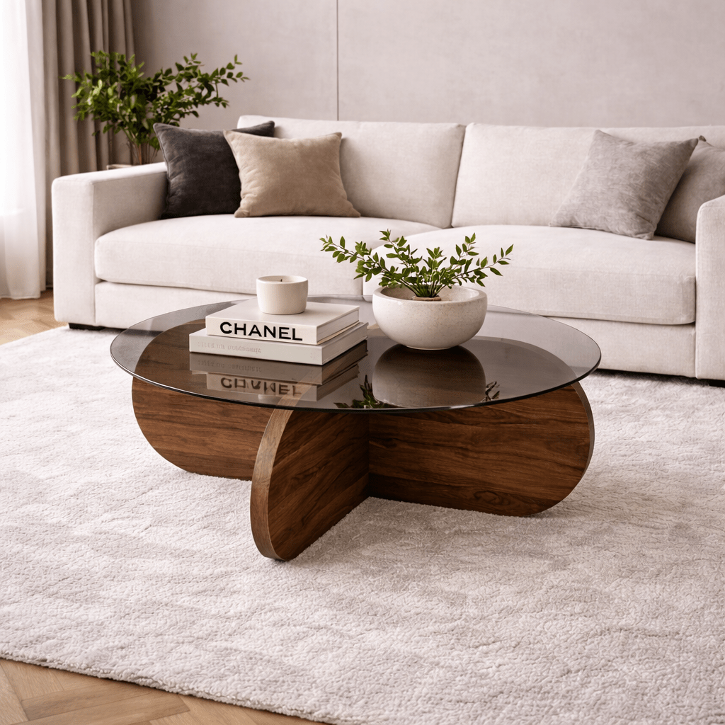 Round coffee table Aris walnut melamine and transparent glass 75 cm