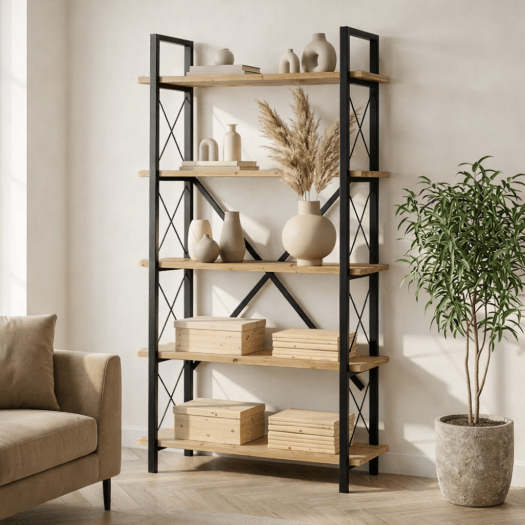 Industrial Bookcase Ely Atlantic Pinewood Melamine - Black Frame - 180x90 cm