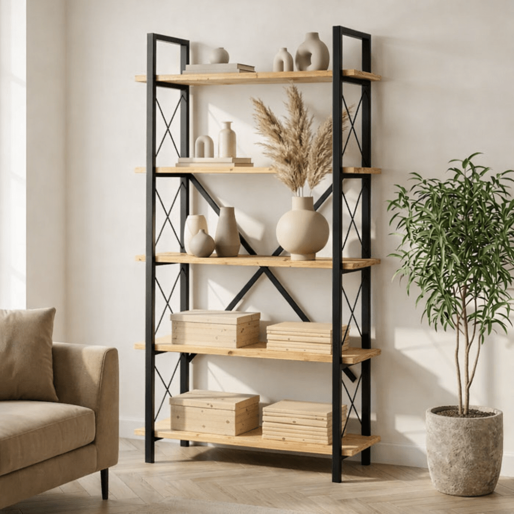 Industrial Bookcase Ely Oak Melamine - Black Frame - 180x90 cm