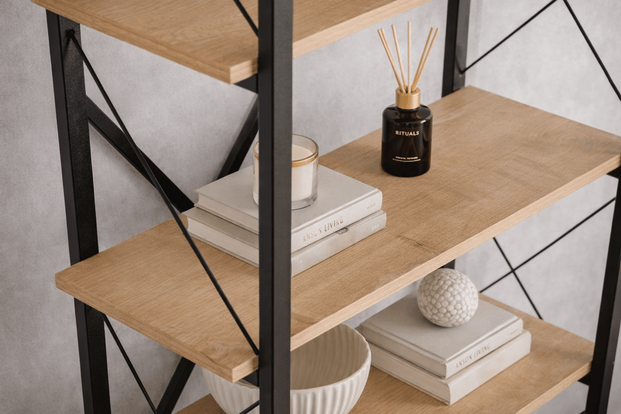 Industrial Bookcase Ely Oak Melamine - Black Frame - 180x90 cm