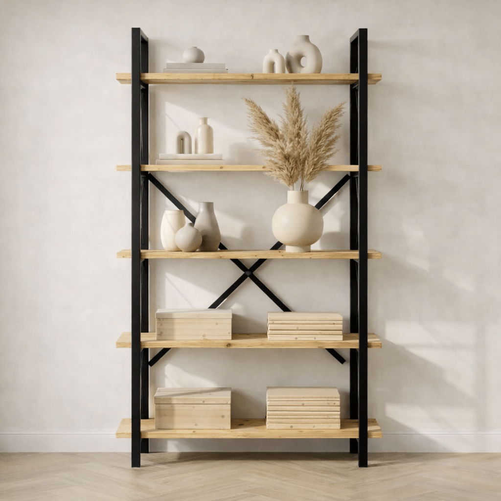 Industrial Bookcase Ely Oak Melamine - Black Frame - 180x90 cm