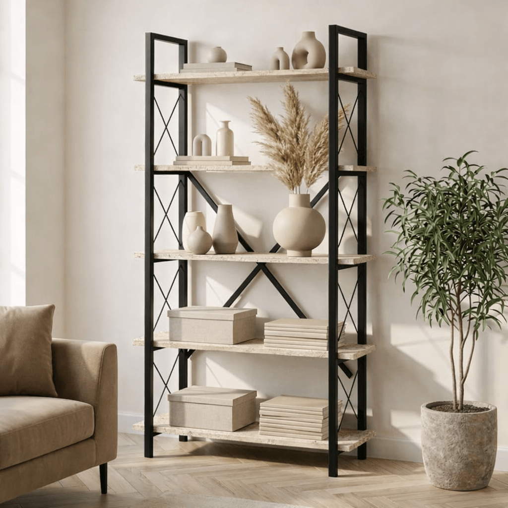 Industrial Bookcase Ely Travertine Melamine - Black Frame - 180x90 cm