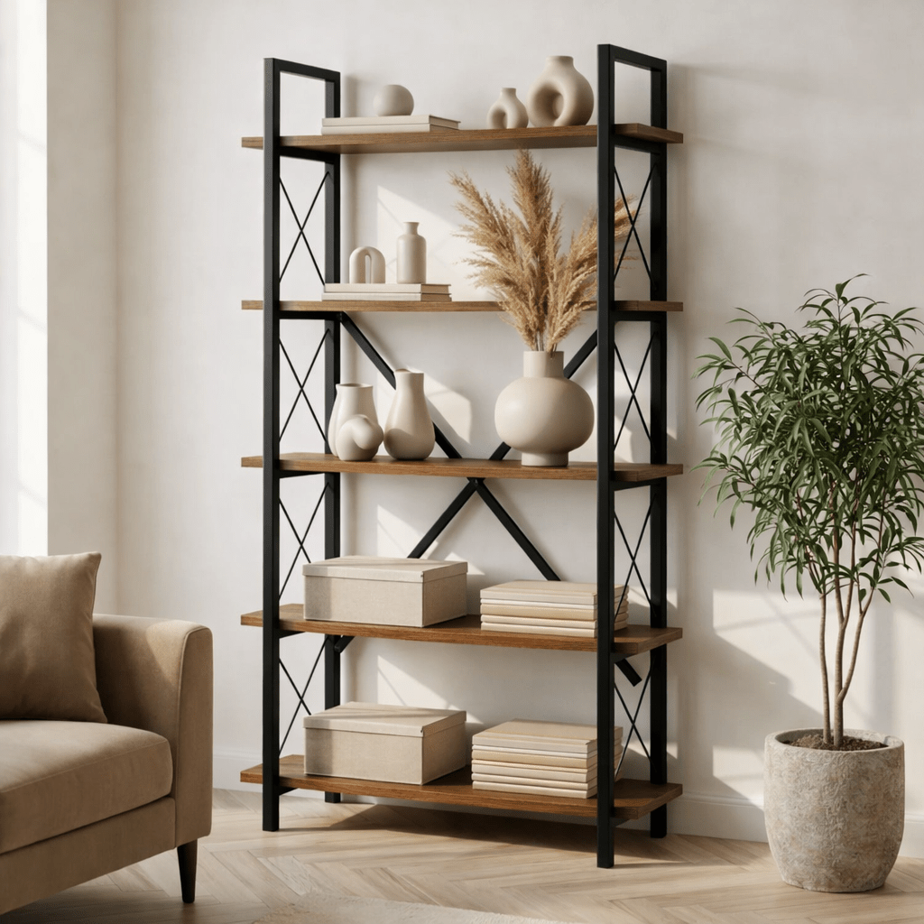 Industrial Bookcase Ely Walnut Melamine - Black Frame - 180x90 cm