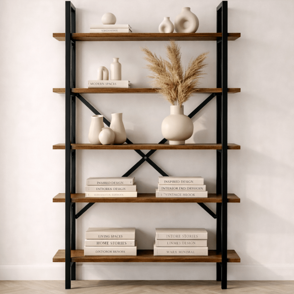 Industrial Bookcase Ely Walnut Melamine - Black Frame - 180x90 cm