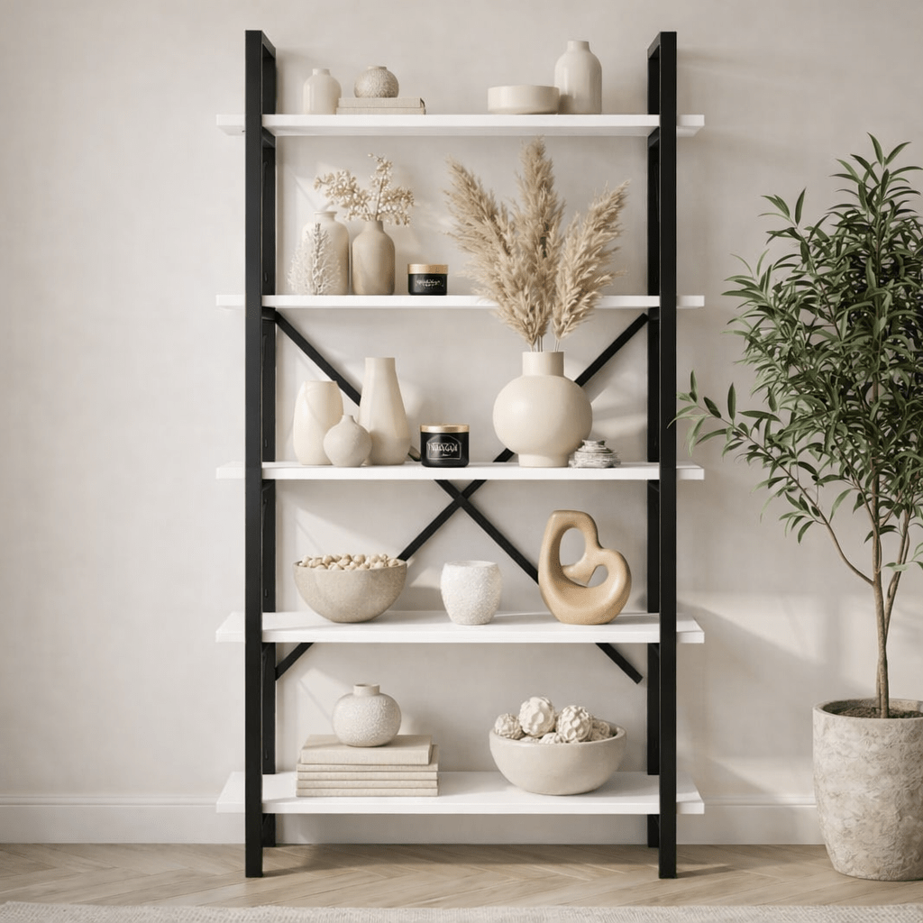 Industrial Bookshelf Ely White Wood Melamine - Black Frame - 180x90 cm