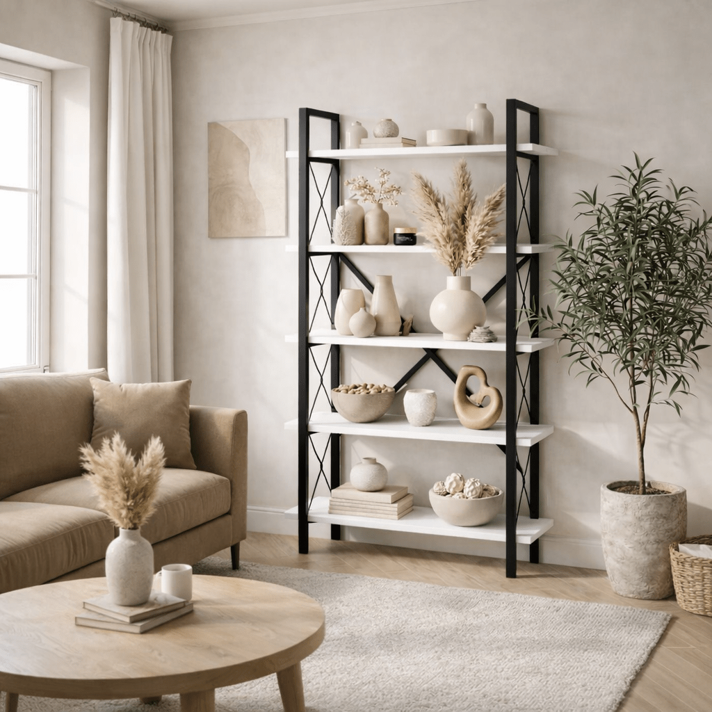 Industrial Bookshelf Ely White Wood Melamine - Black Frame - 180x90 cm