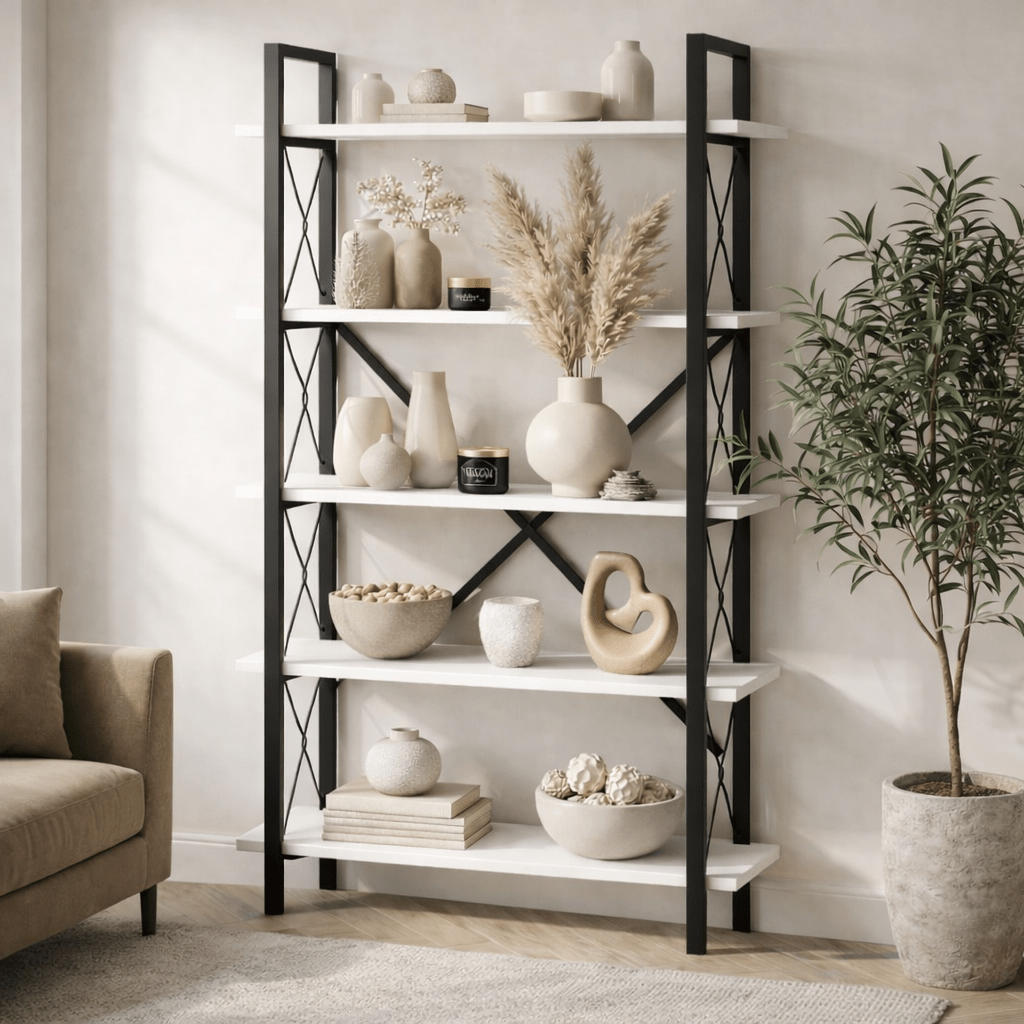 Industrial Bookshelf Ely White Wood Melamine - Black Frame - 180x90 cm