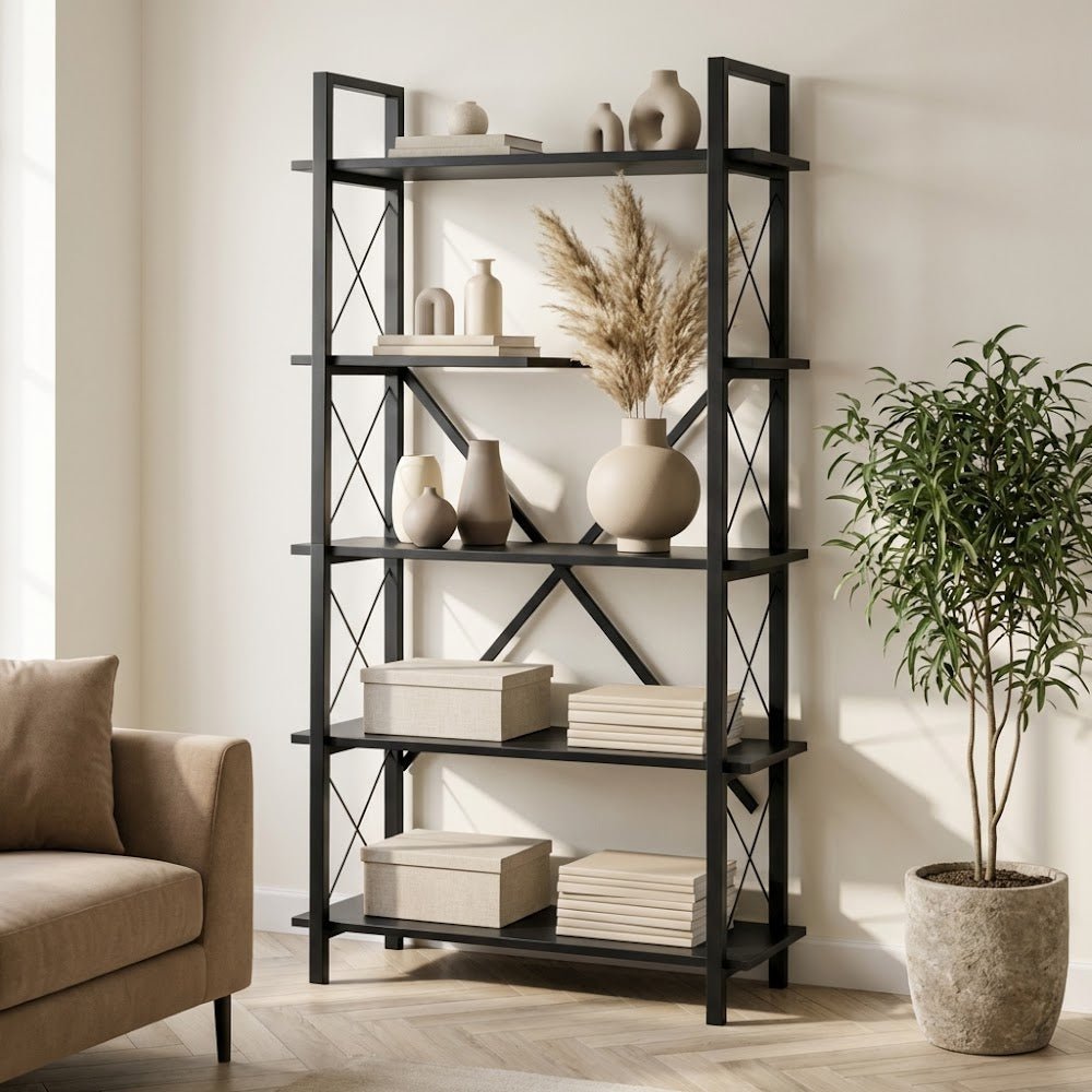 Industrial Bookcase Ely Black Wood - Black Frame - 180x90 cm