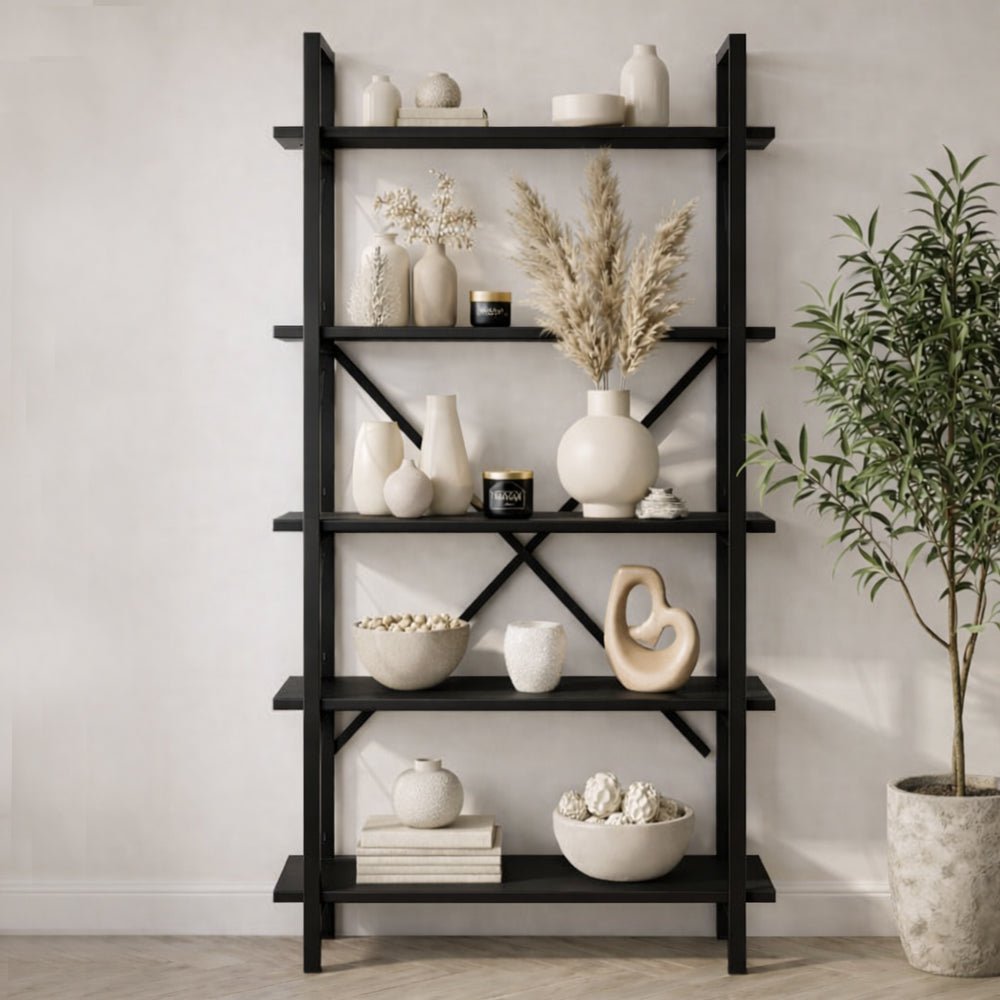 Industrial Bookcase Ely Black Wood - Black Frame - 180x90 cm