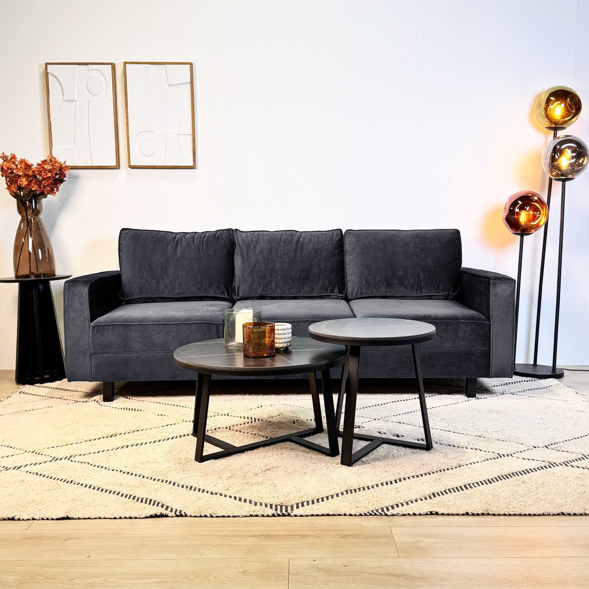 3-seater Sofa Kale Velvet Anthracite - comfortable loose cushions