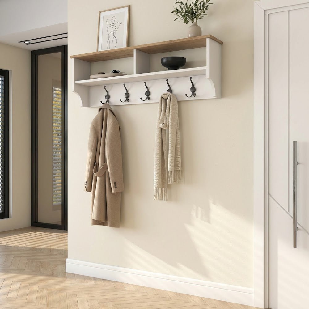 Kapstokken - Kapstok Wit met Eiken Melamine 15 - haaks en twee vakken - Hally - Dimehouse