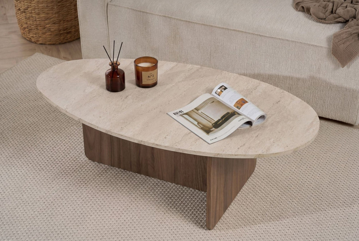 Organic pebble-shaped coffee table with a travertine-look top and walnut melamine base. Japandi design of 120x60cm.