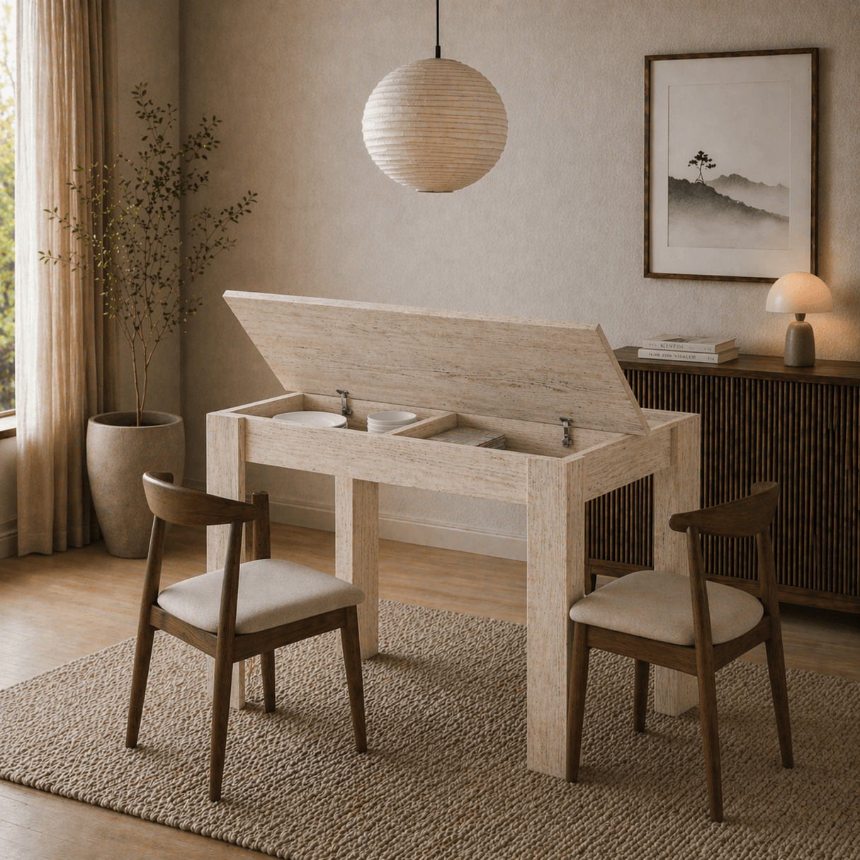 Small dining table Travertine Melamine - 110 cm - with storage space - Kara
