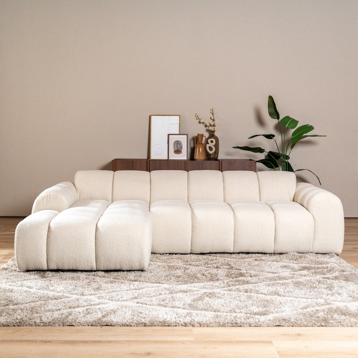 Sofas-Corner sofa with lounge beige bouclé fabric - stripes - left - Brix-Dimehouse