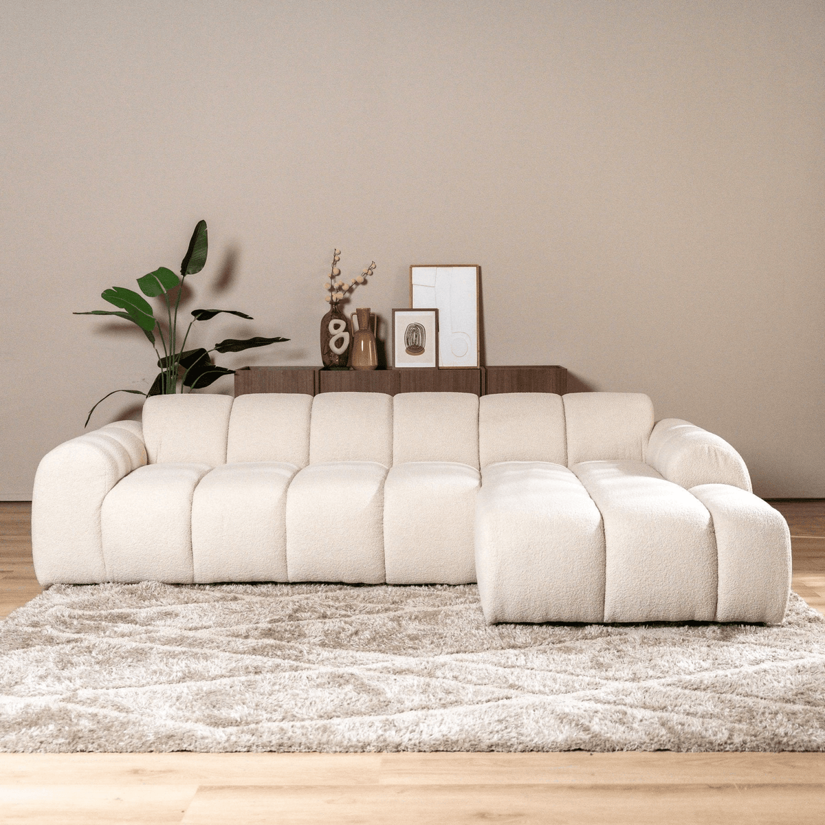 Sofas-Corner sofa with lounge beige bouclé fabric - stripes - right - Brix-Dimehouse